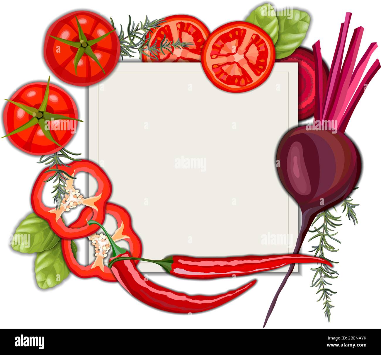 Collection of fresh red color vegetables and fruits raw on white background Stock Vector