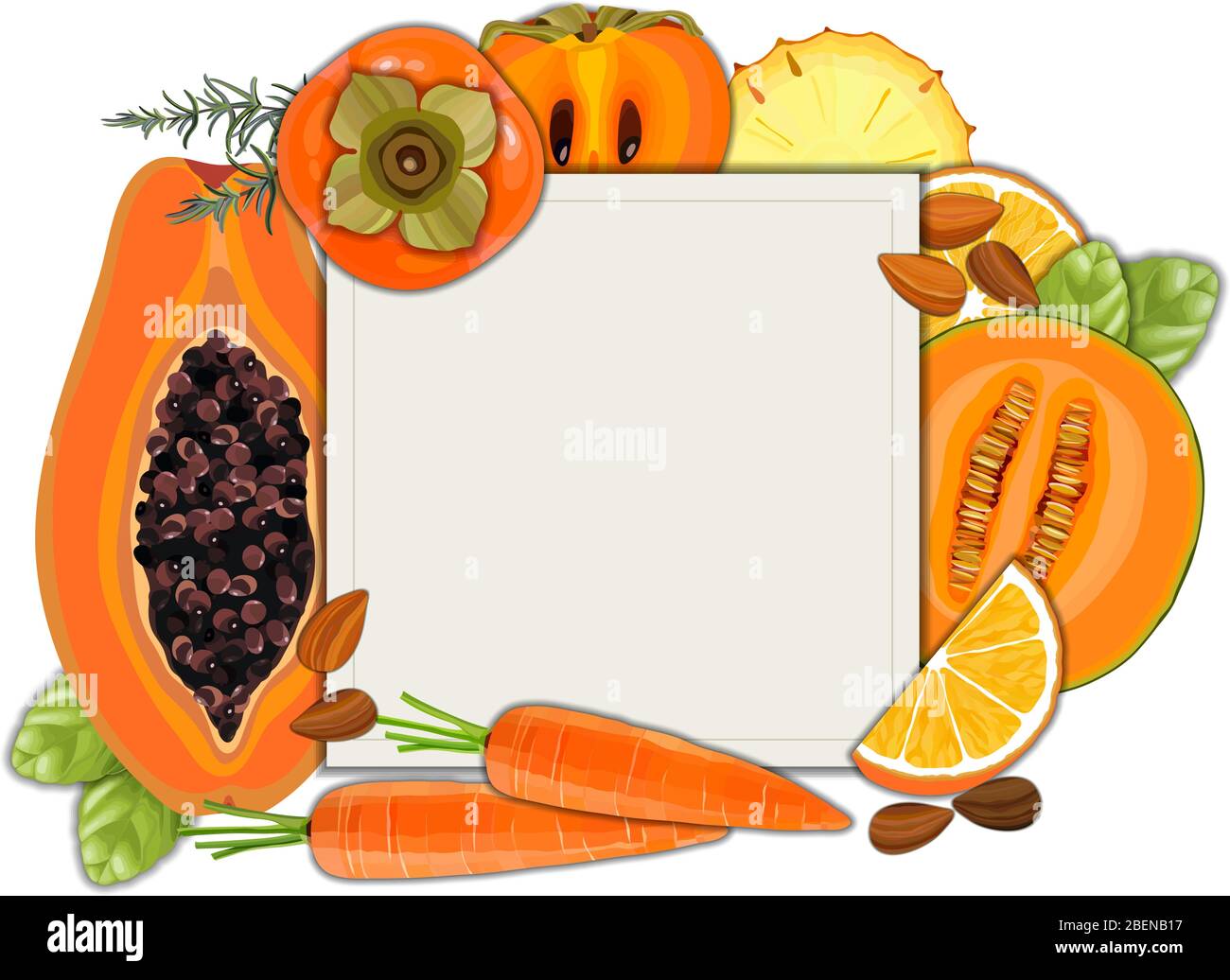 Collection of fresh orange color vegetables and fruits raw on white background Stock Vector