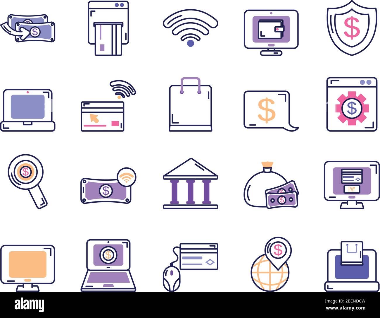 computers and mobile banking icon set over white background, line color ...