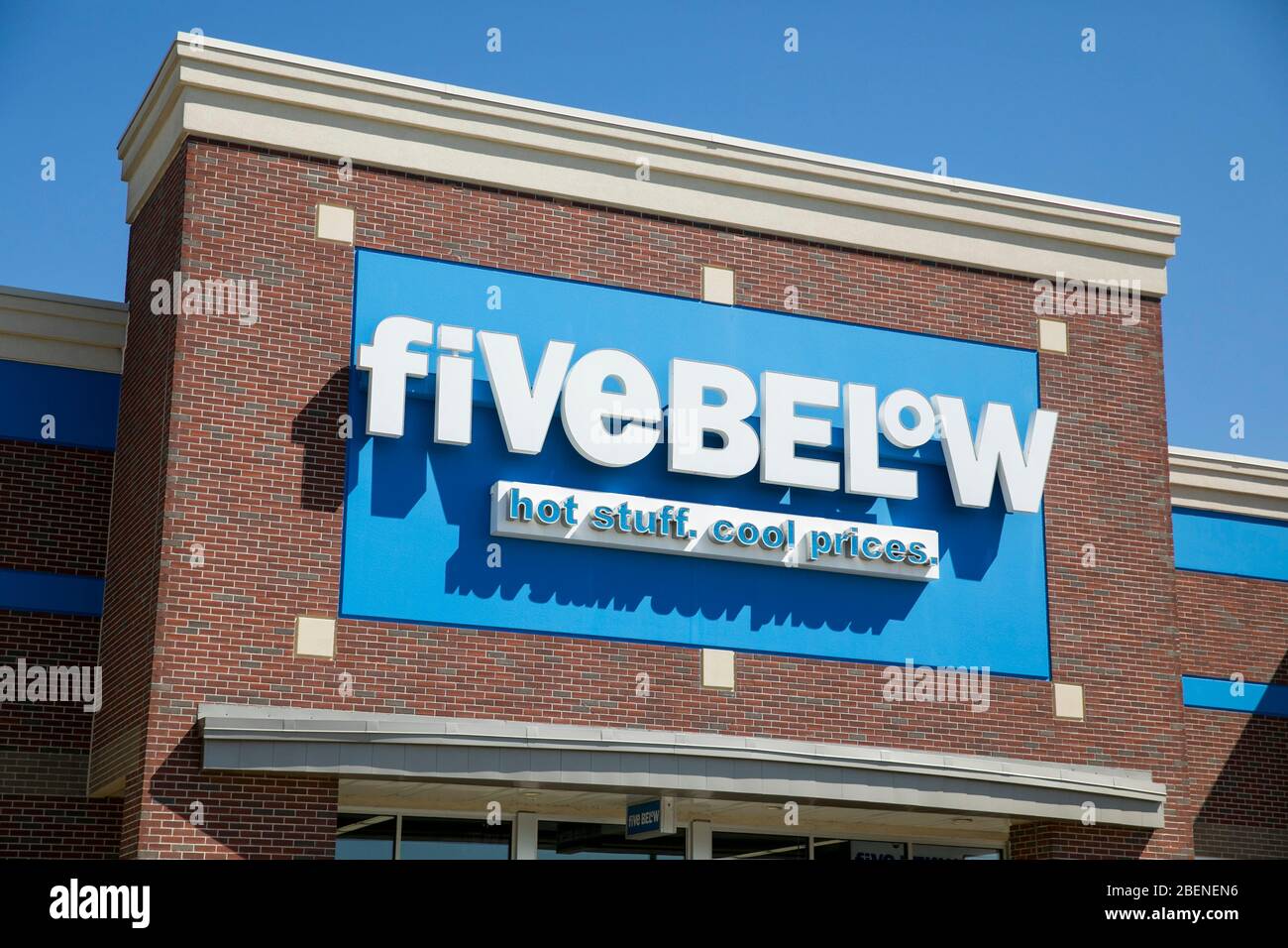 A logo sign outside of a Five Below retail store location in Fredericksburg, Virginia on April 2, 2020. Stock Photo