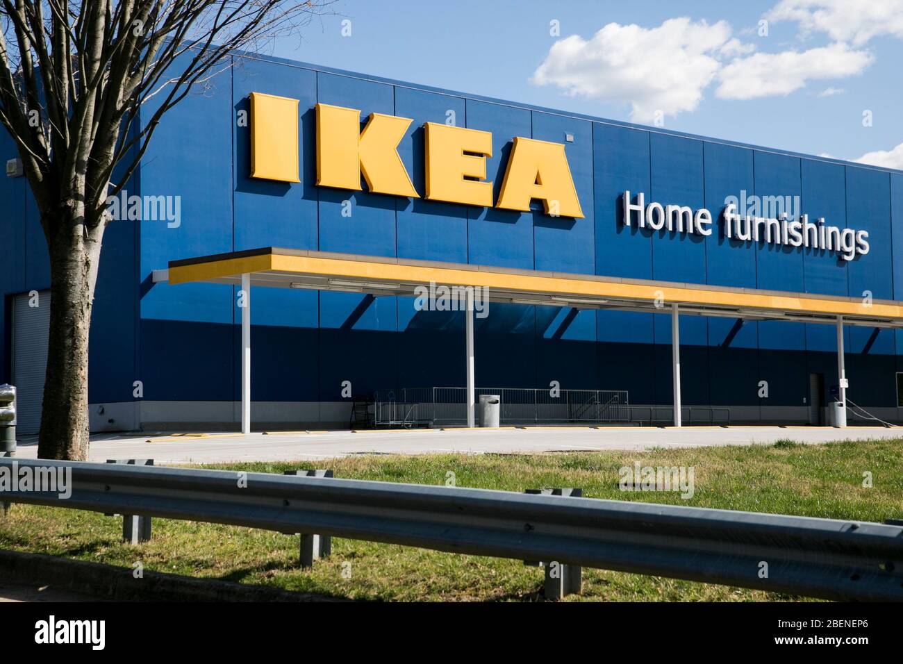 A logo sign outside of a Ikea retail store location in Woodbridge, Virginia on April 2, 2020