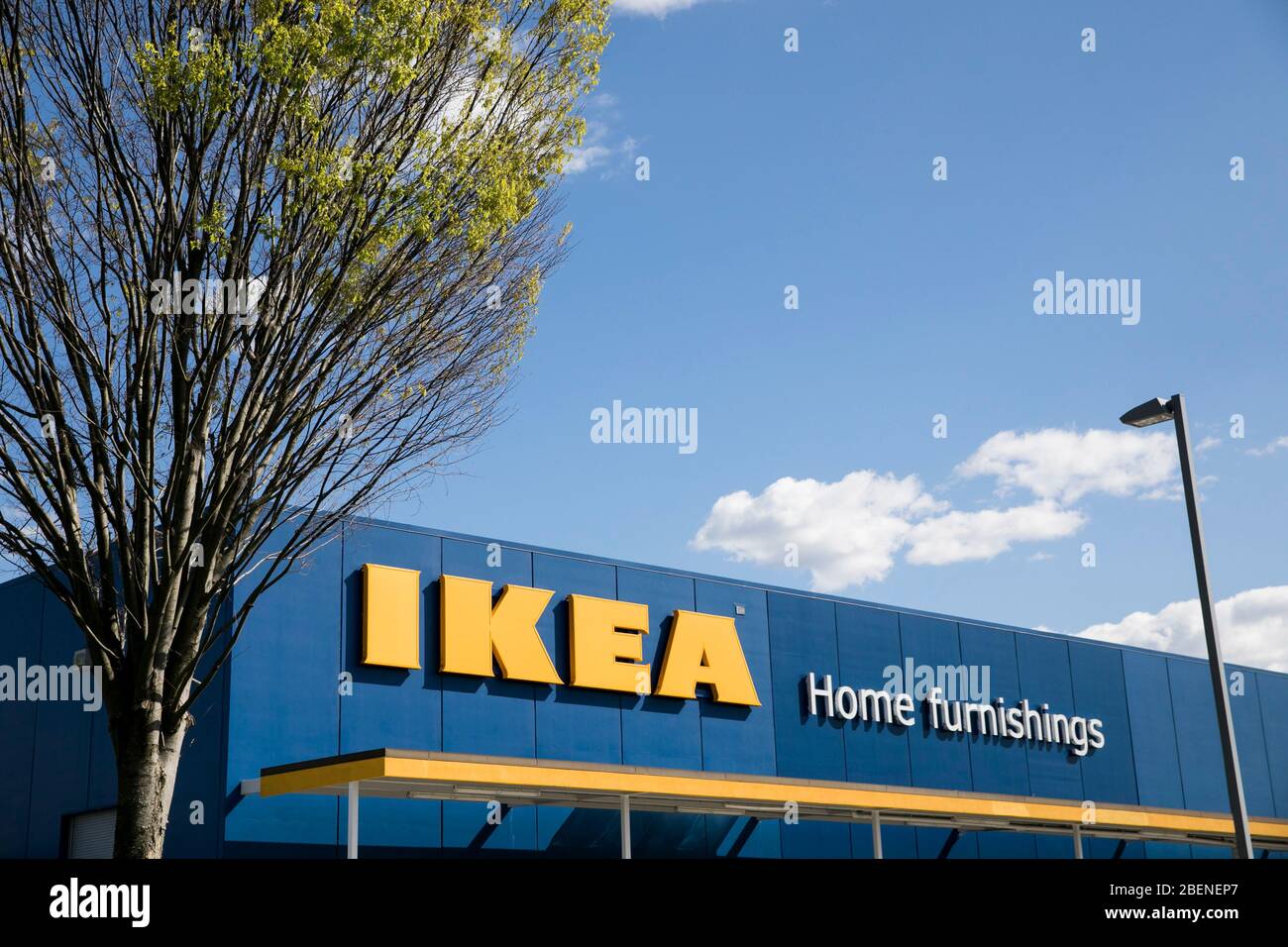 A logo sign outside of a Ikea retail store location in Woodbridge, Virginia on April 2, 2020