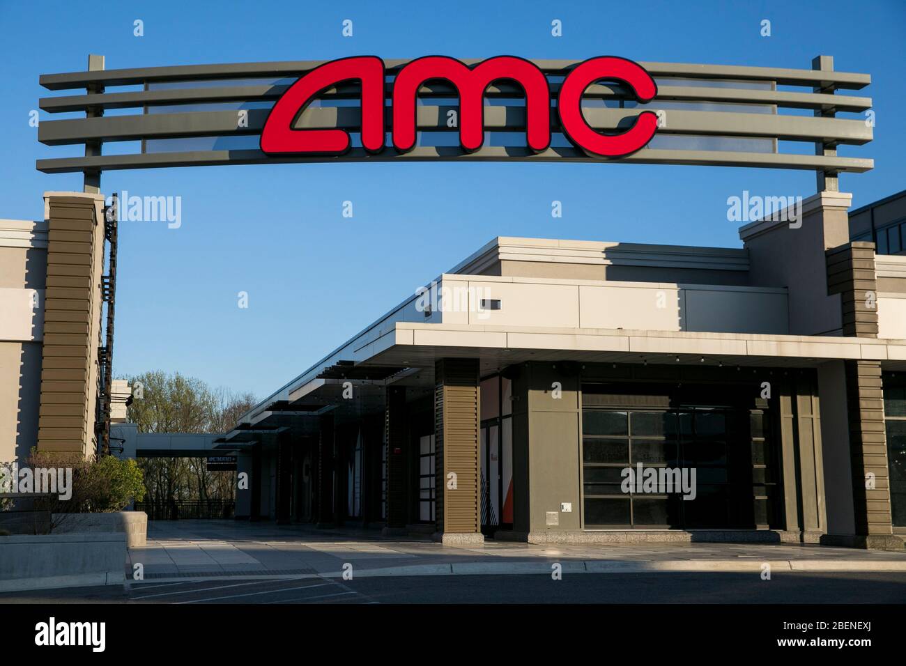 A logo sign outside of a AMC Theaters location in Wheaton, Maryland on April 2, 2020. Stock Photo