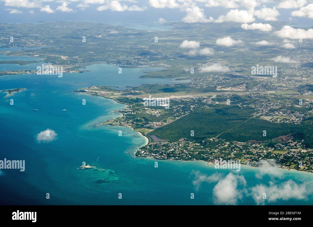 Aerial view of V.C. Bird International Airport, Cedar Grove, Osborn, Judge's Bay and Judge's Hill on the north coast of Antigua in the Caribbean. Stock Photo