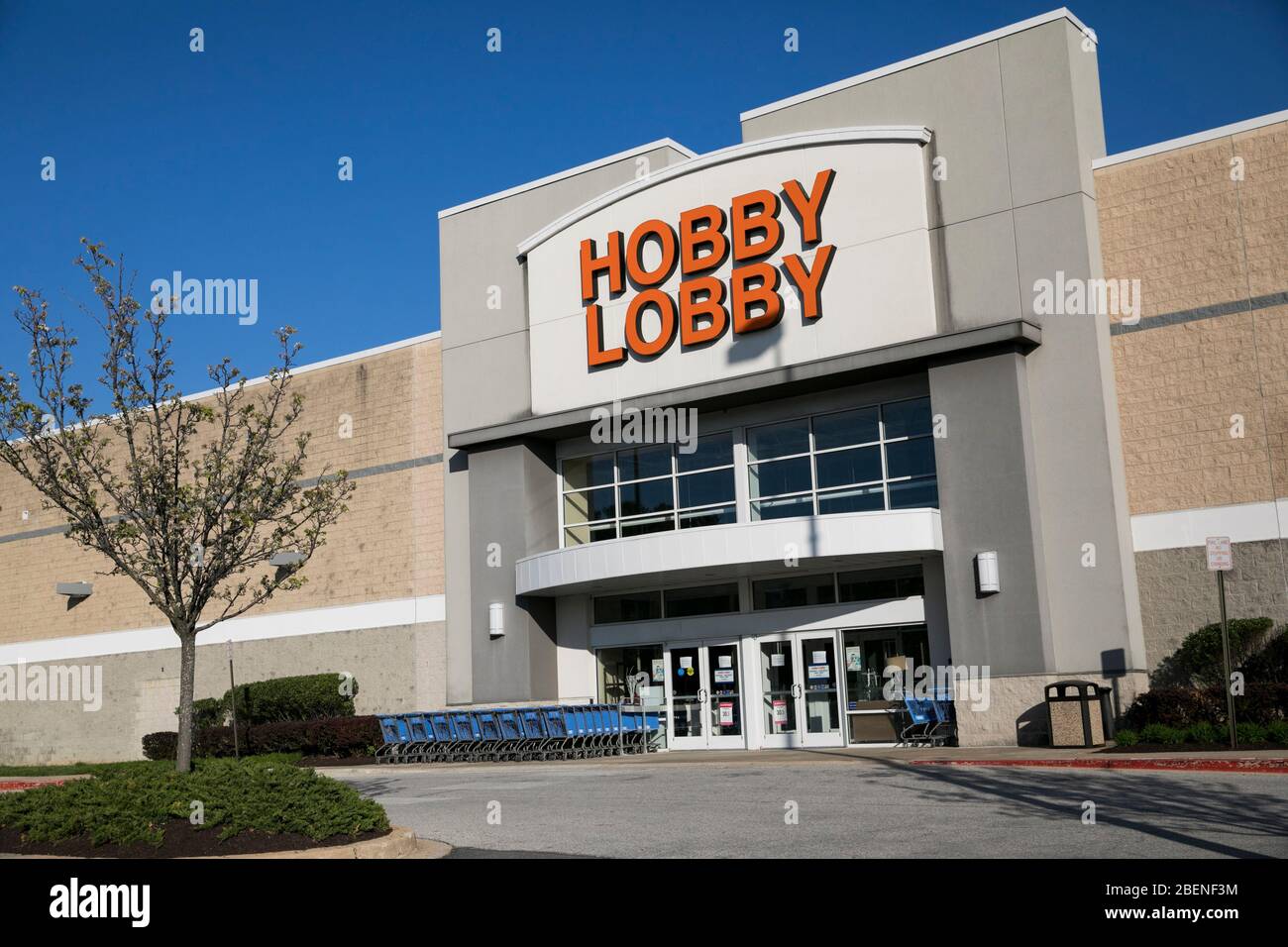 A logo sign outside of a Hobby Lobby retail store location in Columbia, Maryland on April 6, 2020. Stock Photo