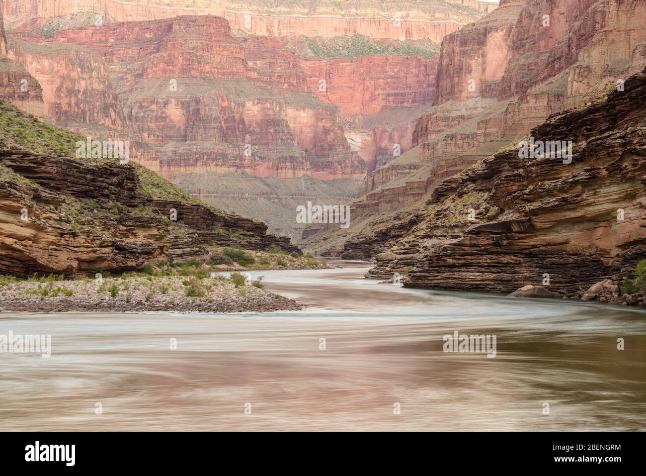 Dawn light reflecting off the Grand canyon walls into the Colorado River from Conquistador Isle (Mile 121), Grand Canyon National Park, Arizona, USA Stock Photo