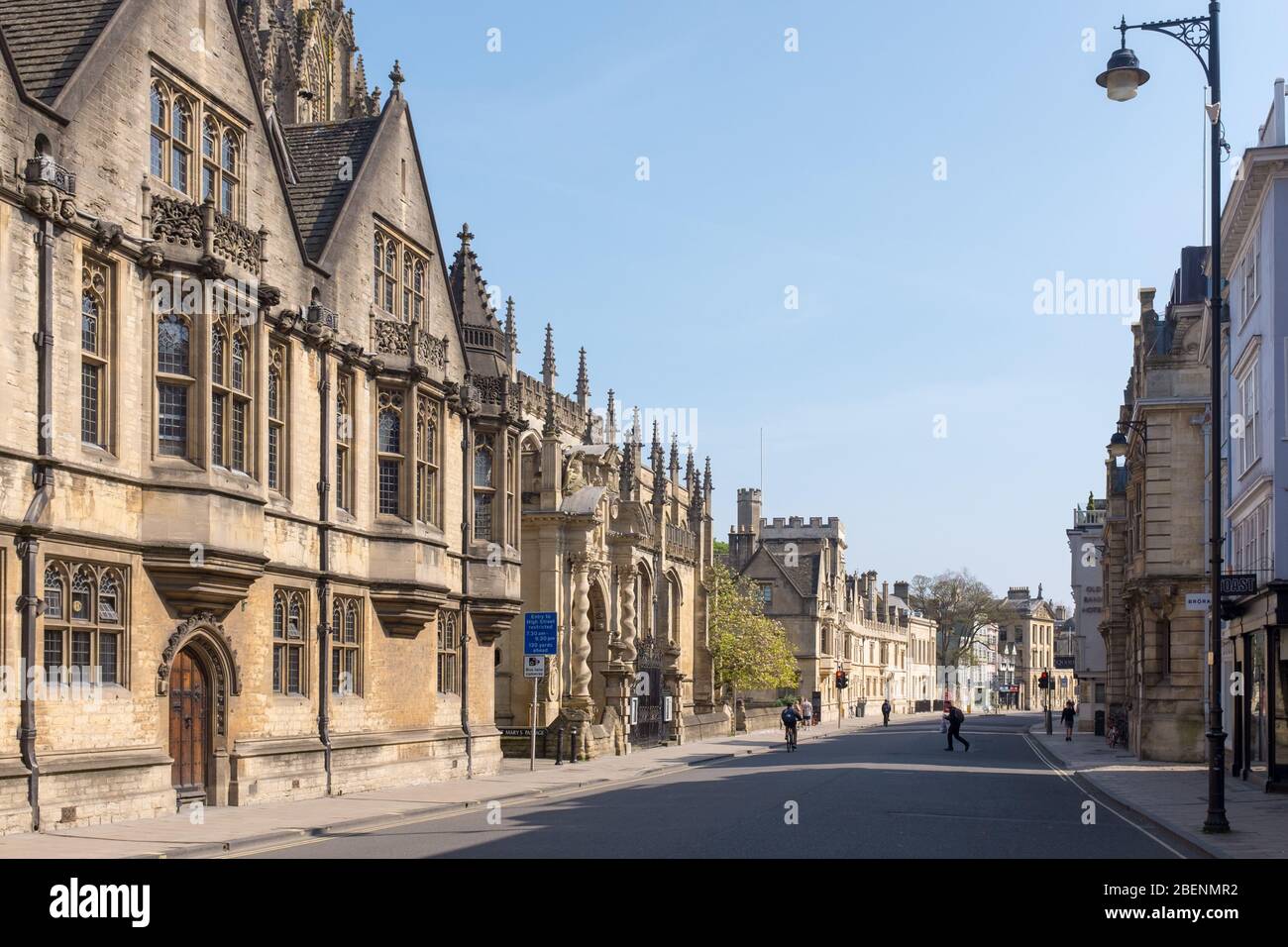 Oxford High Street deserted during Covid-2019 lockdown with Brasenose College Stock Photo
