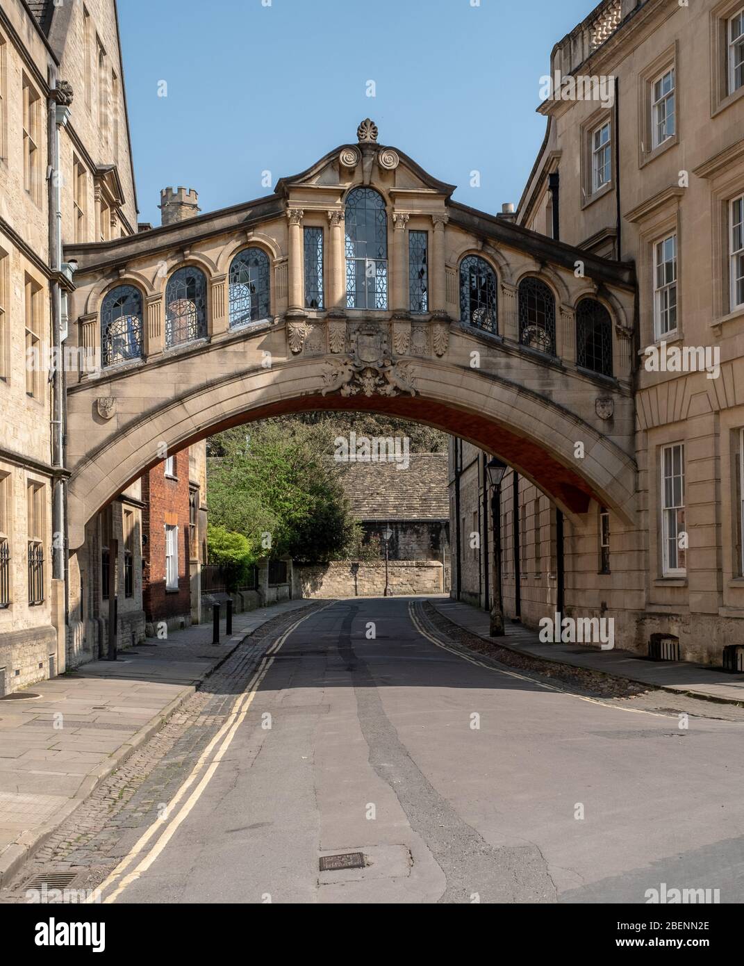 Oxford New College Lane empty during Covid-2019 lockdown, Hertford College. Coronavirus Easter 2020 Stock Photo