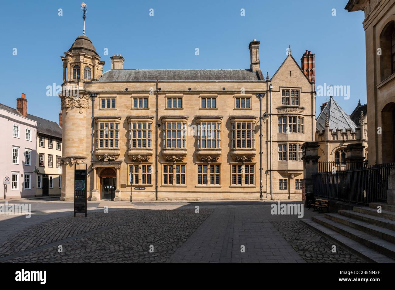 Oxford Martin School. Broad Street empty during Covid-2019 lockdown, Coronavirus Easter 2020 Stock Photo