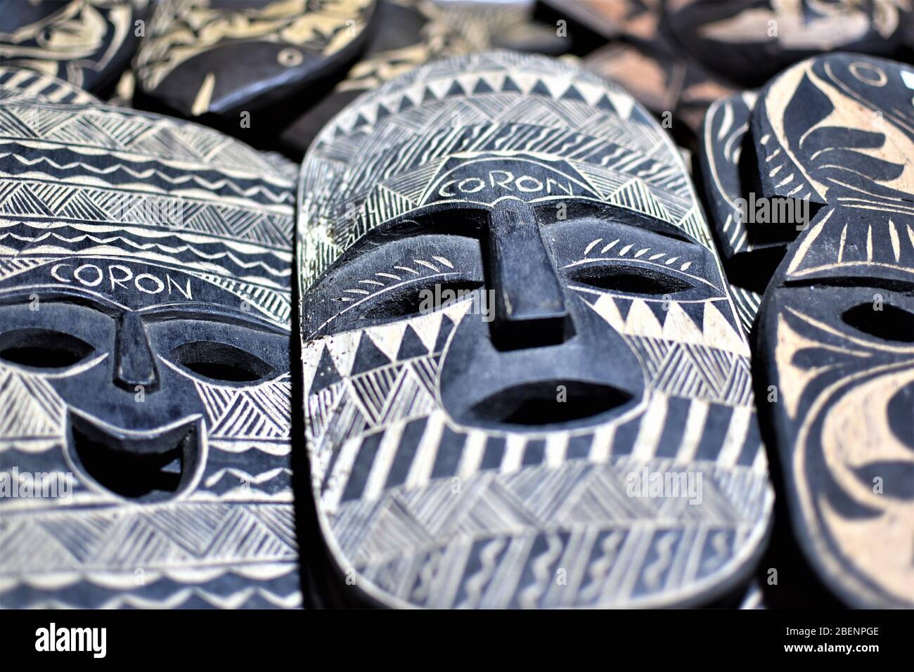 Wooden decorative festival masks from the island of Coron in Palawan, Philippines Stock Photo