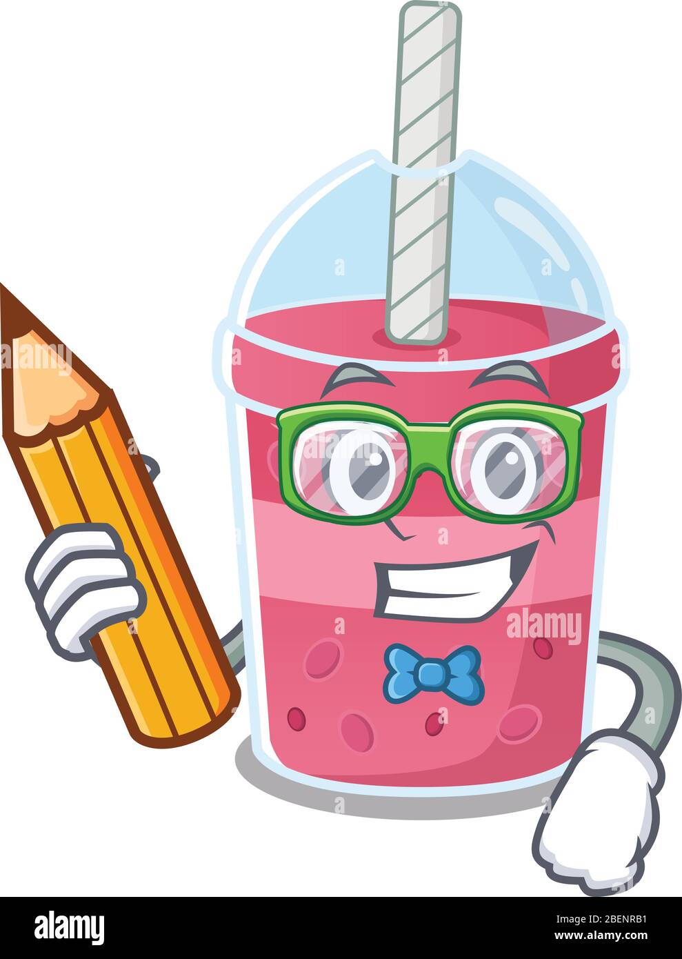 A brainy student strawberry bubble tea cartoon character with pencil ...
