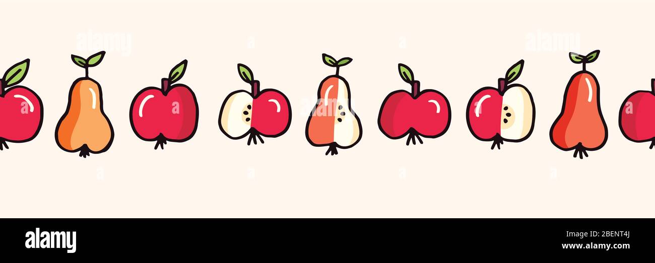 Cute Felt Tip Pen Apple and Pears Fruits Vector Seamless Pattern Border Stock Vector