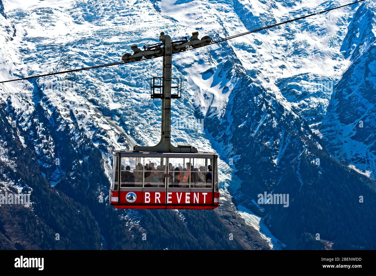 Cabin of the Brevent cable car aigainst the Mont Blanc massif, Planpraz ...