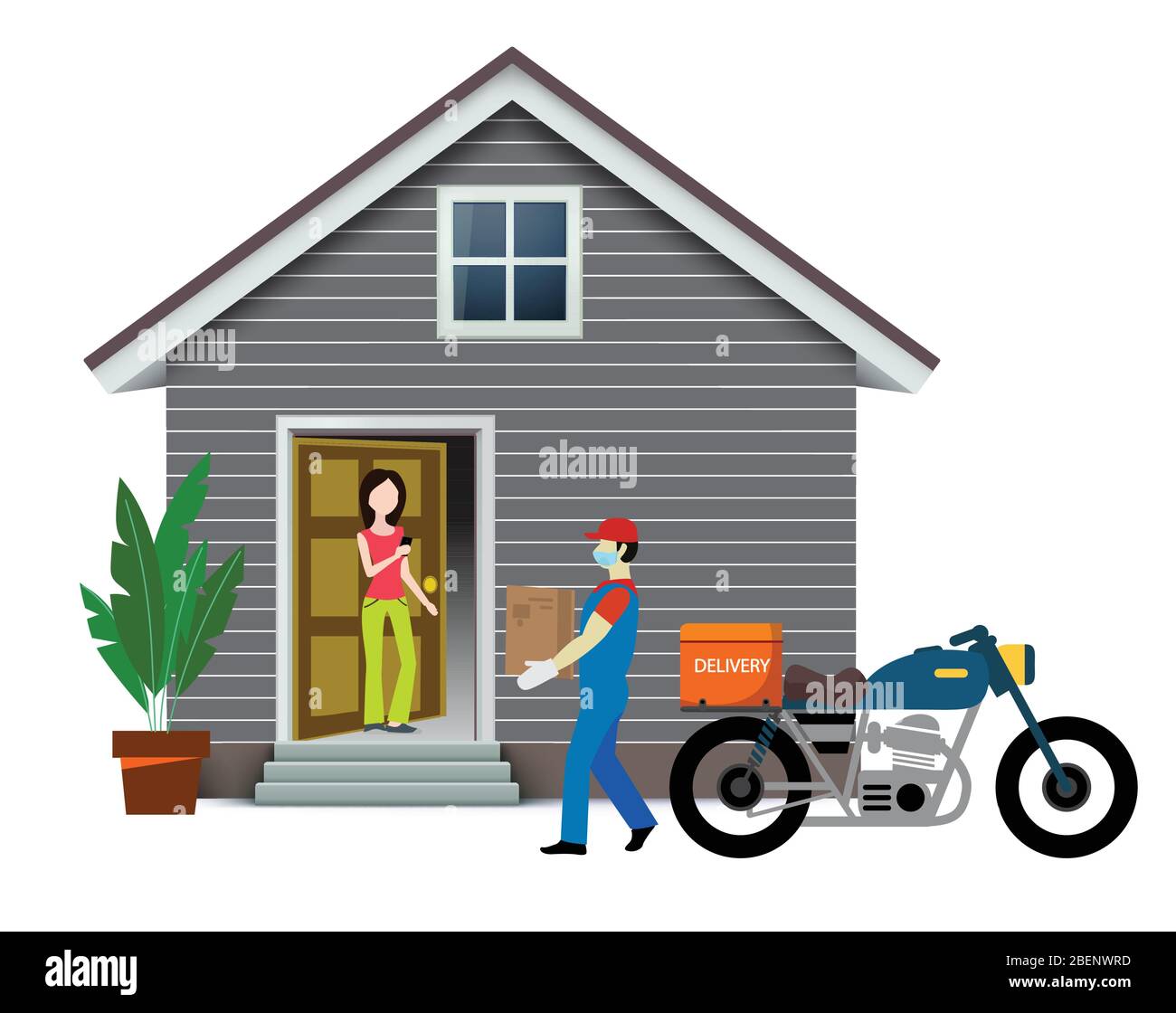 Home delivery services. Online delivery concept of buying grocery, food, medicine essential items to the doorstep. Delivery boy wearing face mask and Stock Vector