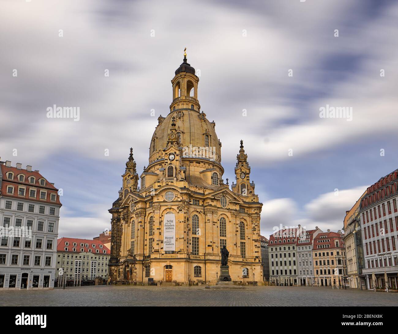 Long Time Exposure Frauenkirche Saxony Dresden empty Neumarkt no people Stock Photo