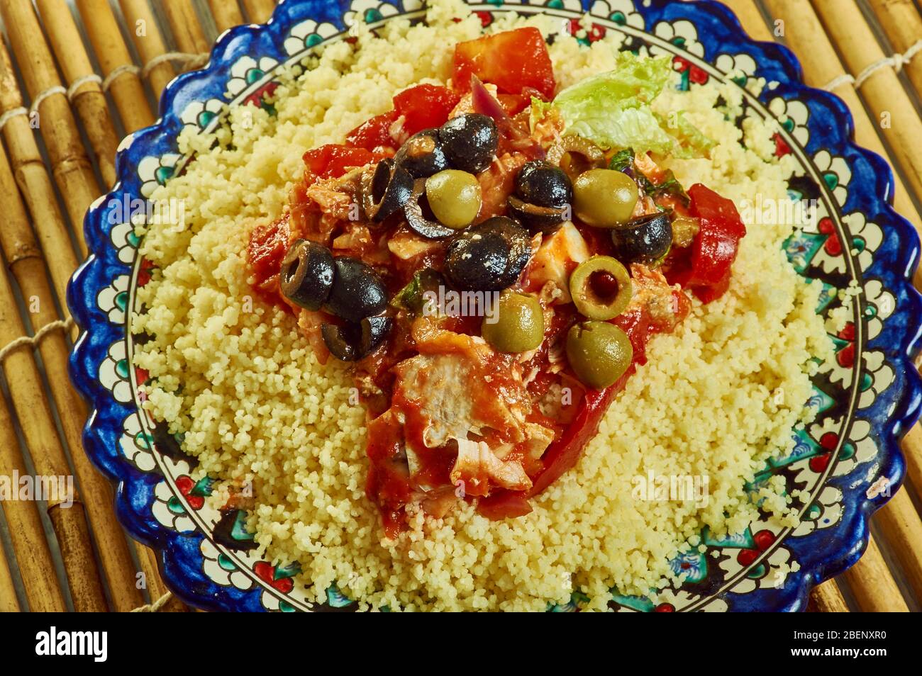 Tunisien Seskssou bel hout -ethnic  fish  couscous close ip Stock Photo