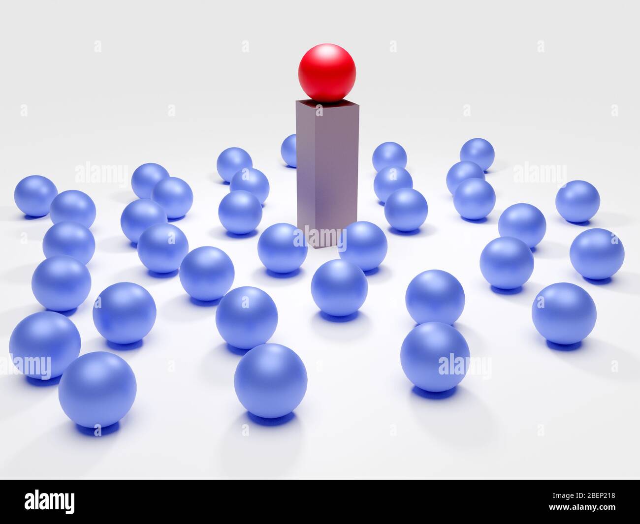 Leadership. Conceptual image of a leader and subordinates. Business teamwork. Blue and res balloons. 3d render Stock Photo