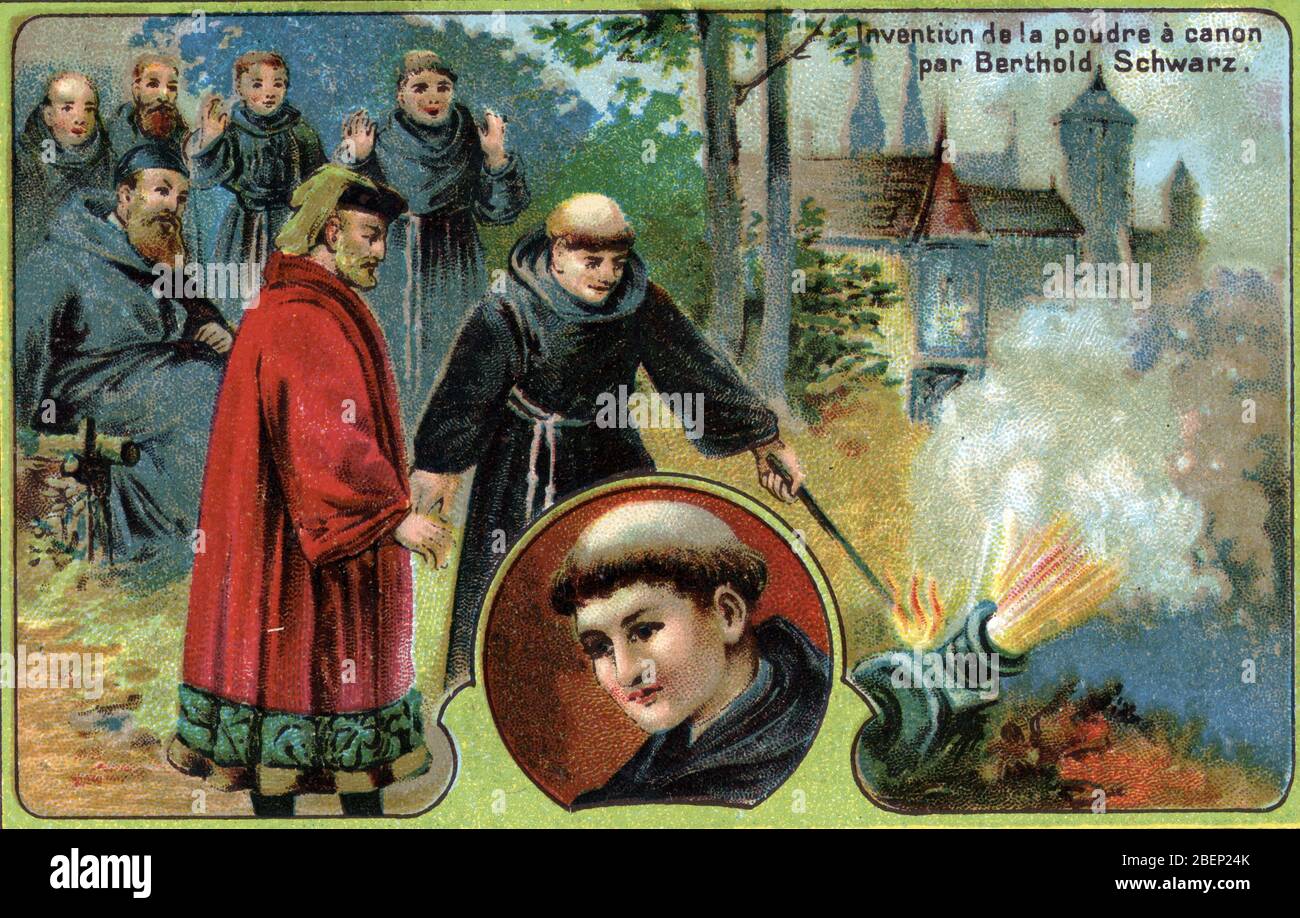 L'invention de la poudre : representation de Berthold Schwarz (ou Schwartz) (dit le Noir) (vers 1318 - vers 1384) chimiste, alchimiste et franciscain Stock Photo