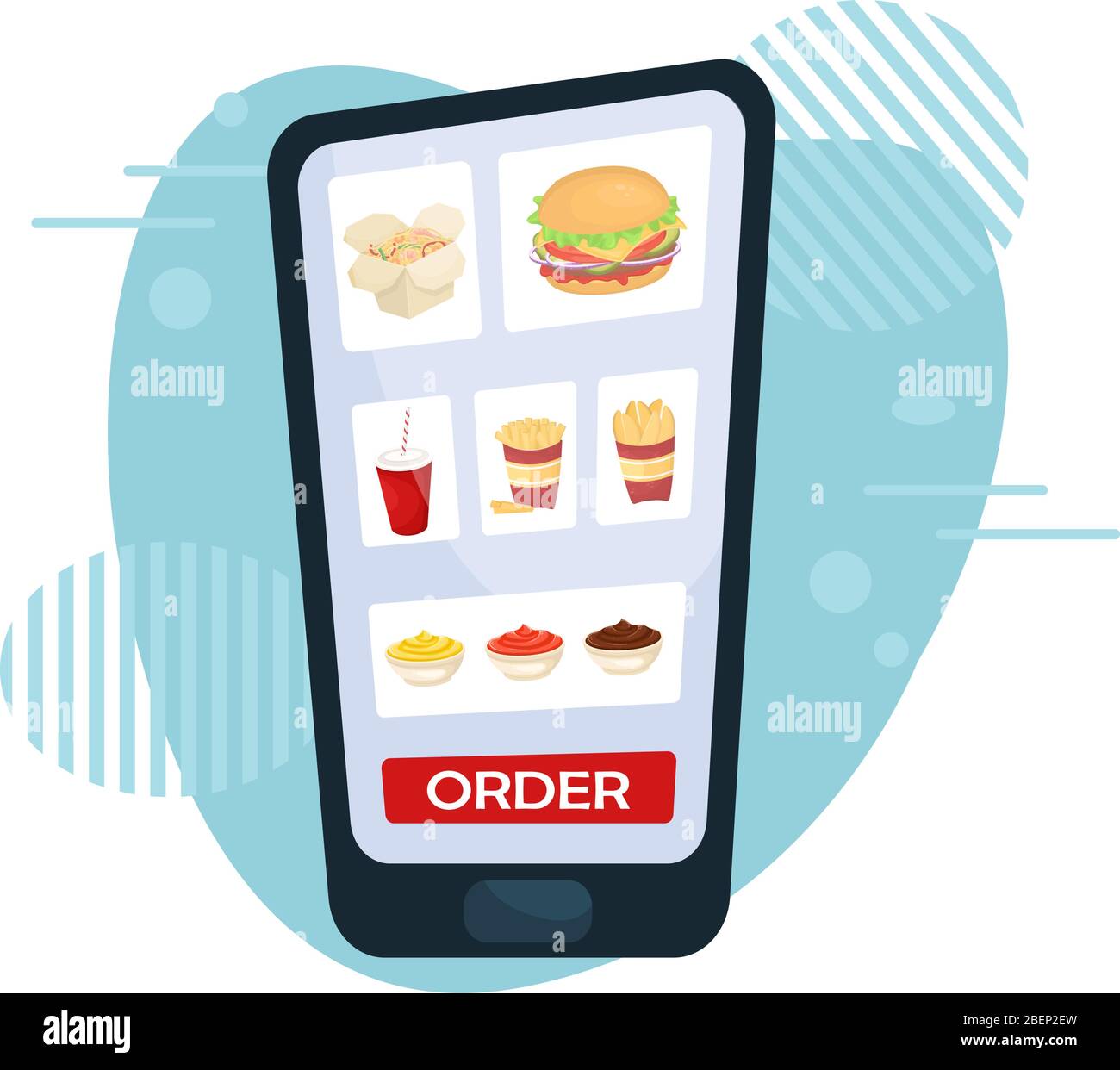 Order food home in the mobile app. Food delivery to your home. Stock Vector