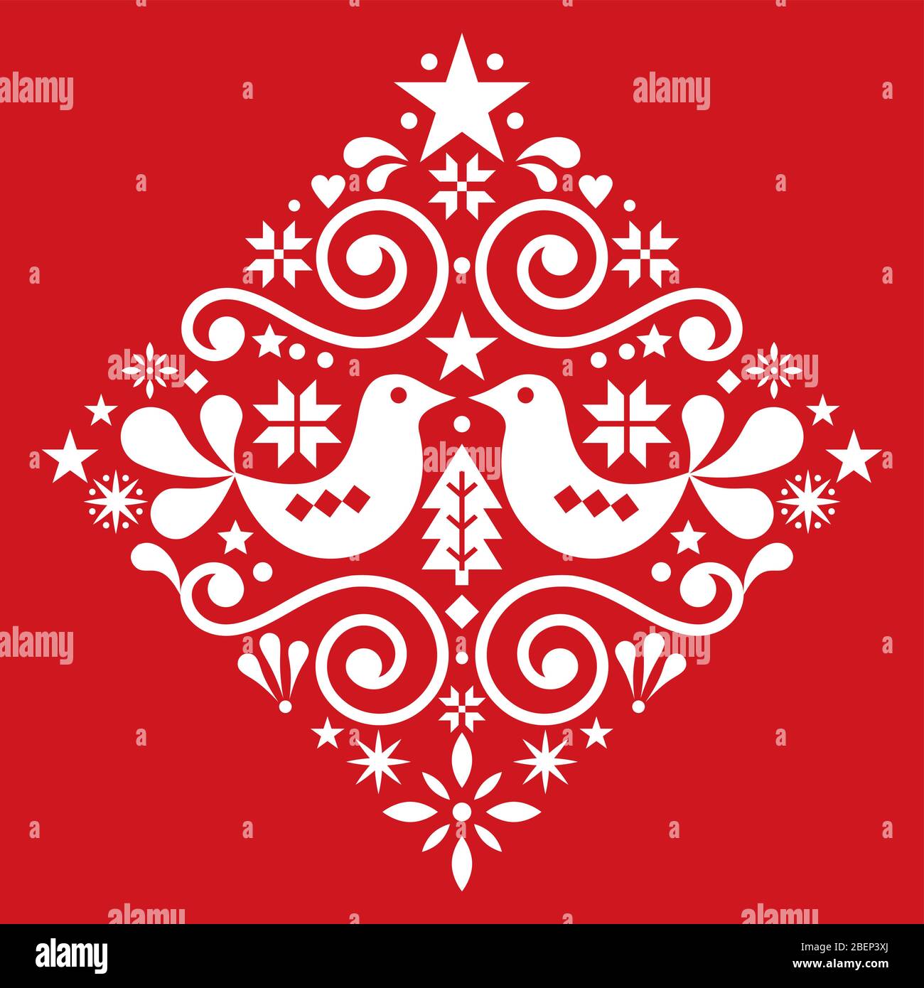 Christmas Scandinavian floral folk art vector design square or diamond shape, cute winter Nordic pattern with birds, Christmas tree and snowflakes Stock Vector
