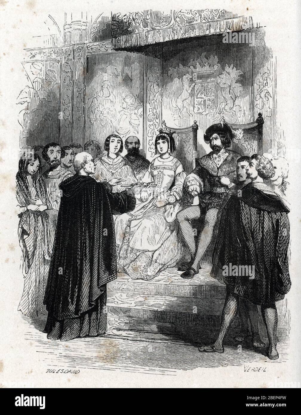 Inquisiton espagnole : portrait de Tomas de Torquemada (1420-1498) tenant un crucifix face aux rois d'Espagne Isabelle de Castille et du roi Ferdinand Stock Photo