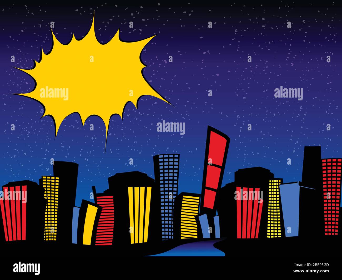 Vintage Retro Comics Cartoons Style Night Cityscape With Sky scrapes Road And Blank Copy Space Yellow Explosion Bang Stock Vector