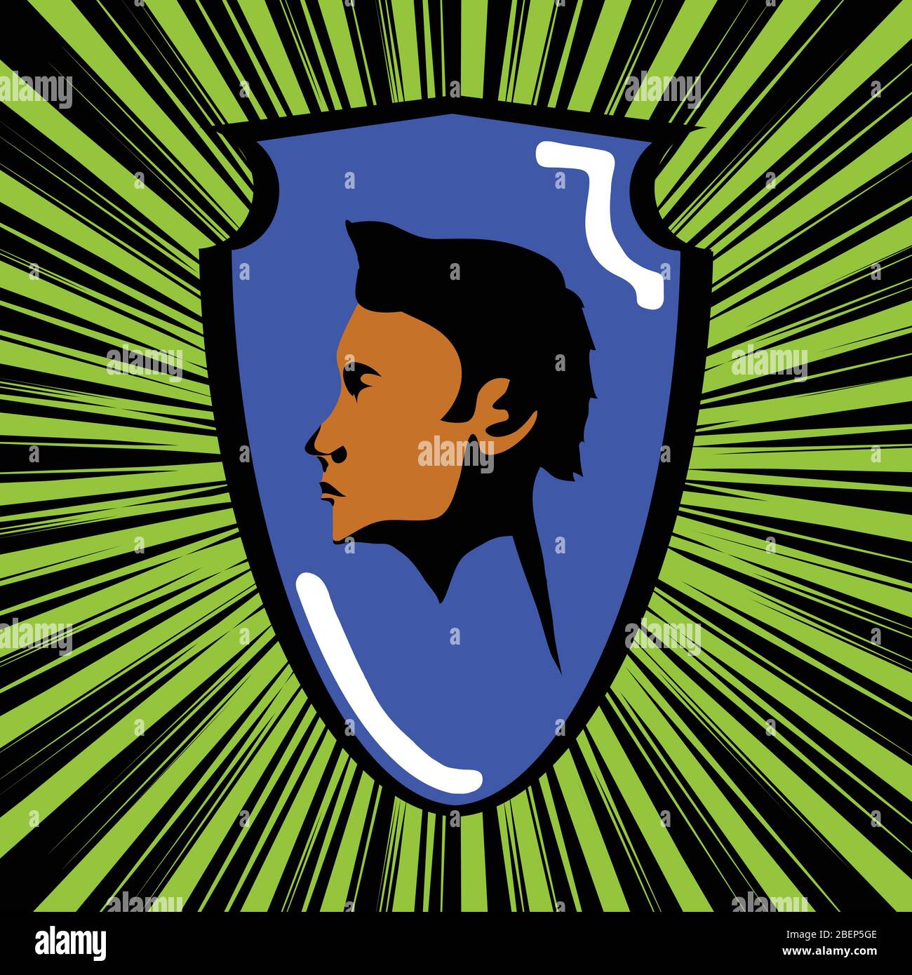 Retro Vintage Comics Cartoons Style Blue Shield With Black And Brown Male Head Over Green Star Burst On Black Background Stock Vector