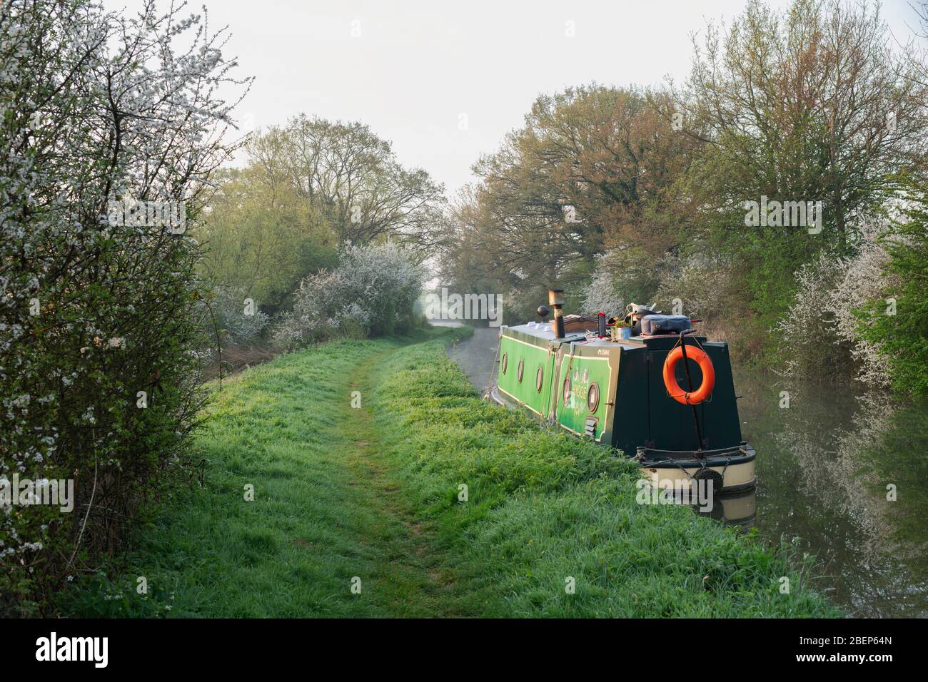 Canal boat called Hygge on the oxford canal on a spring morning at