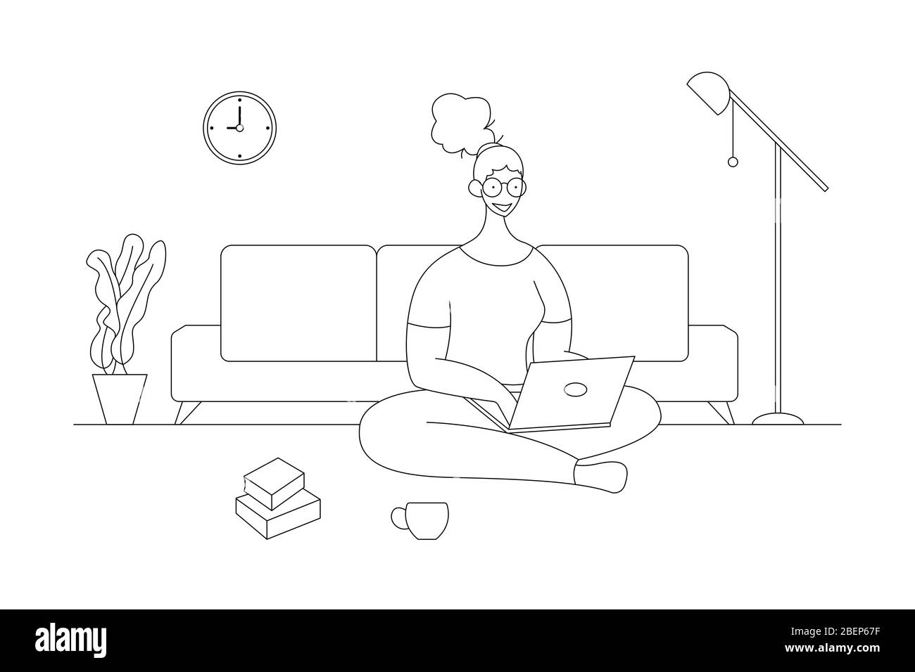 A woman working at home on some project, She is sitting on floor at home in living room and using computer notebook for remote working. Stock Vector