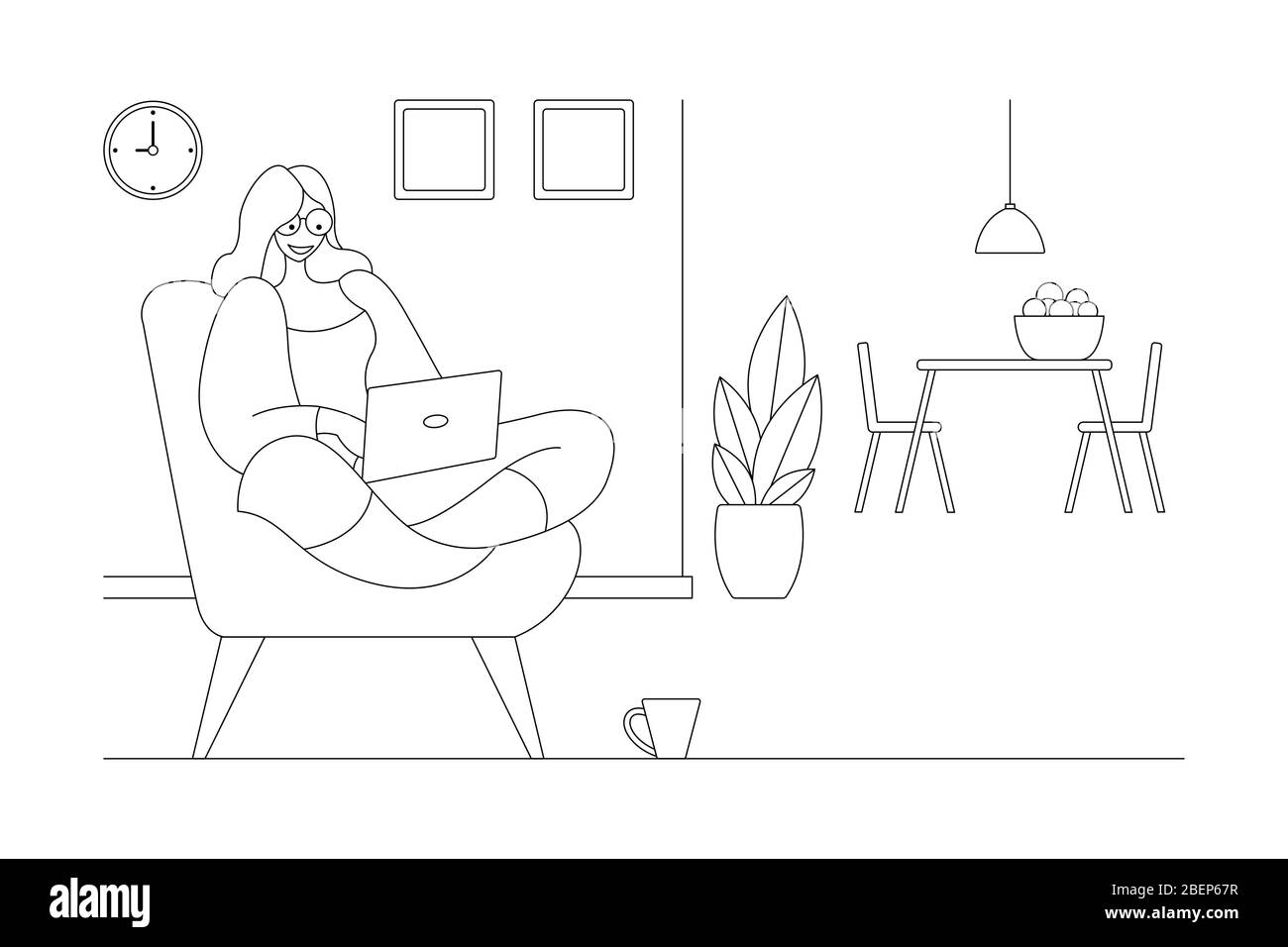 A woman working at home on some project, She is sitting on sofa at home in living room and using computer notebook for remote working. Stock Vector