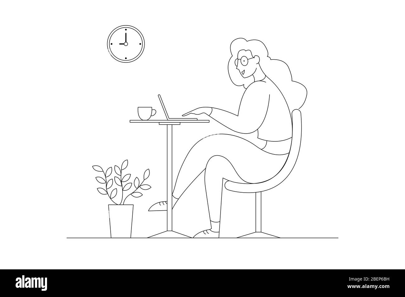 A woman working at home on some project, She is sitting at a table, pointing ideas on a computer notebook. Stock Vector