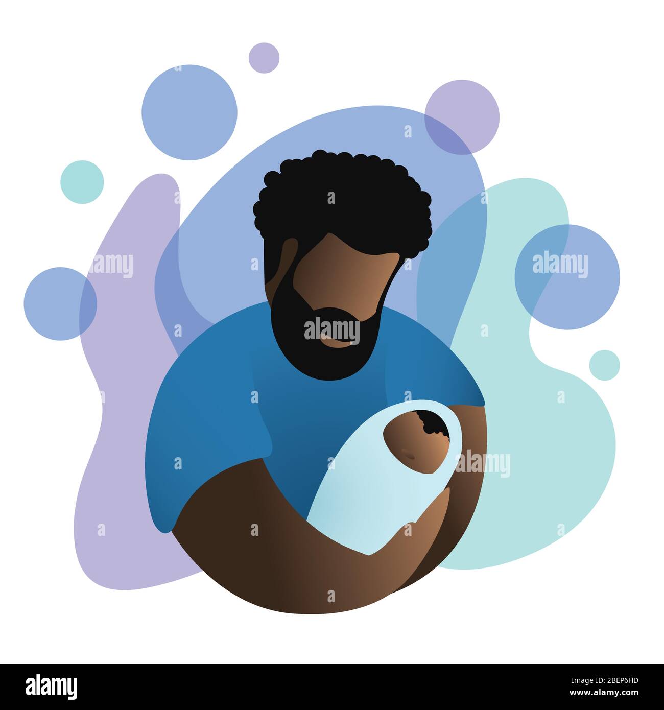 Dad hugging and cuddling with his baby, cute image of fatherhood.  Modern vector in flat minimalistic style. Afro american father gently holding his b Stock Vector