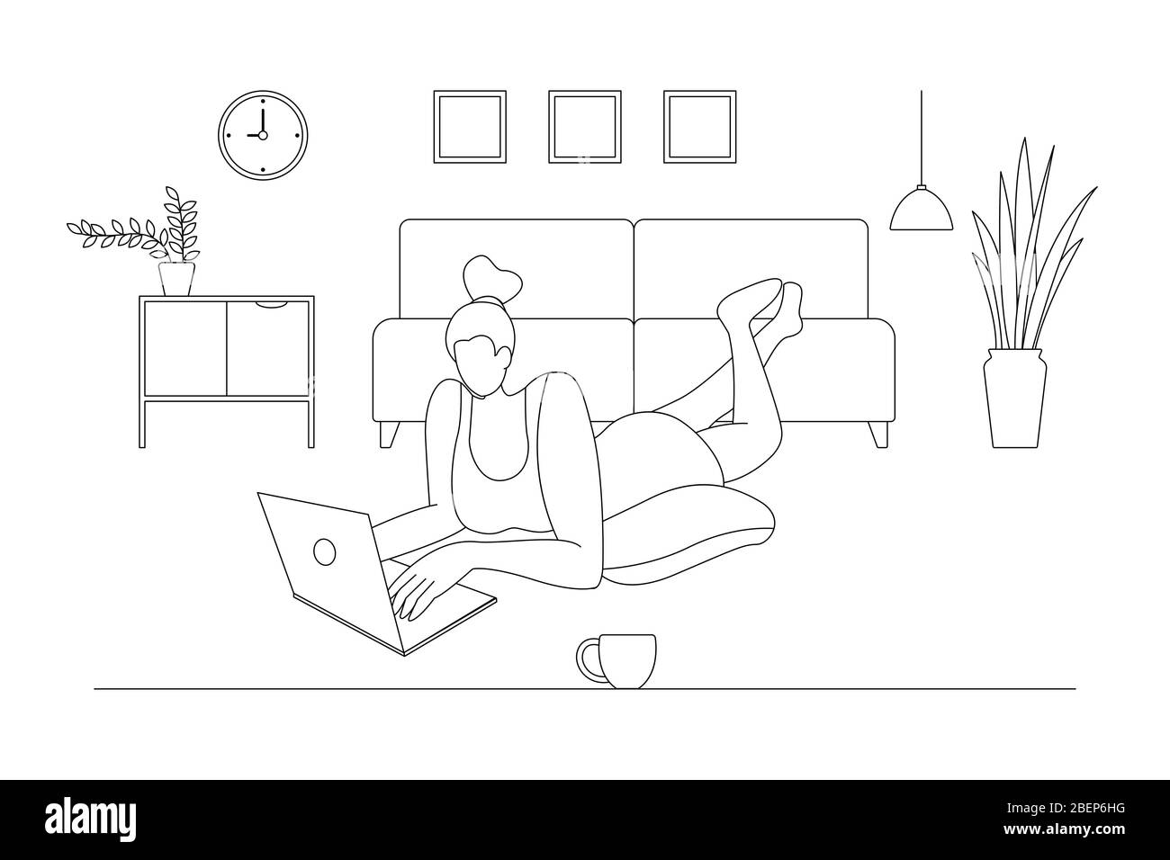 A woman working at home on some project, She is laying on the floor  at home in living room and using computer notebook for remote working. Stock Vector