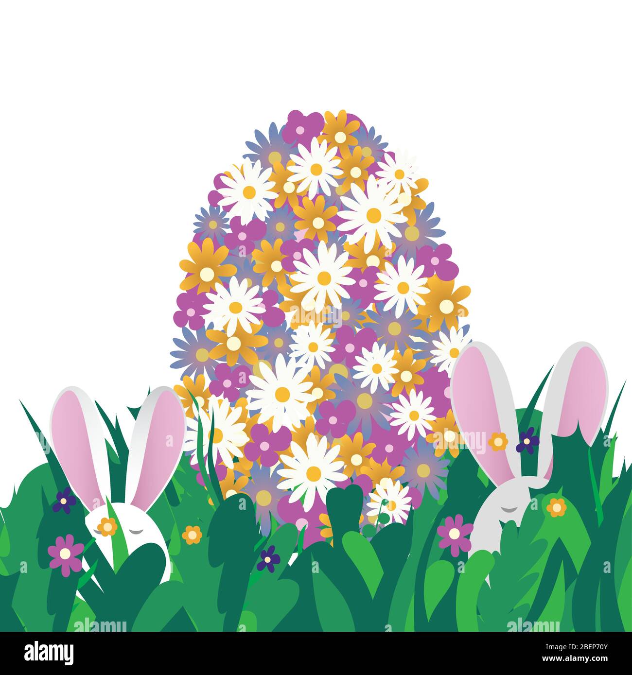 Colorful Easter egg made of spring flowers and bunny ears in green ...