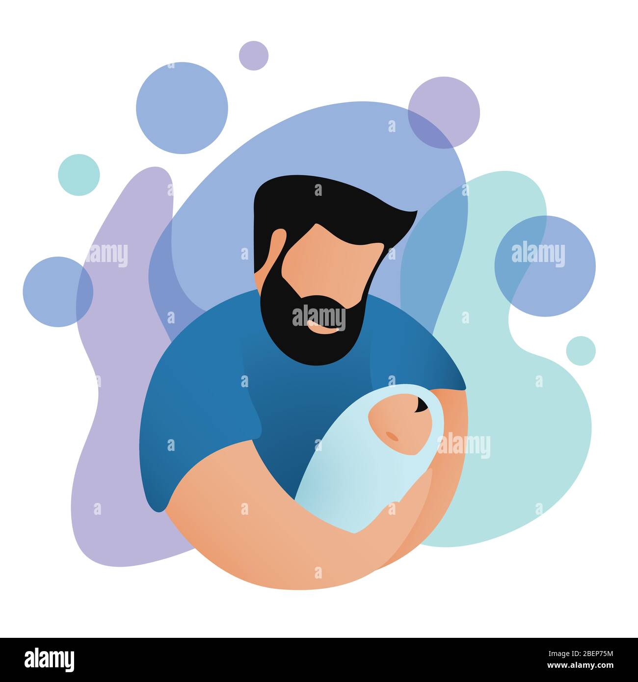 Dad hugging and cuddling with his baby, cute image of fatherhood.  Modern vector in flat style. father gently holding his newborn baby, parenthood con Stock Vector