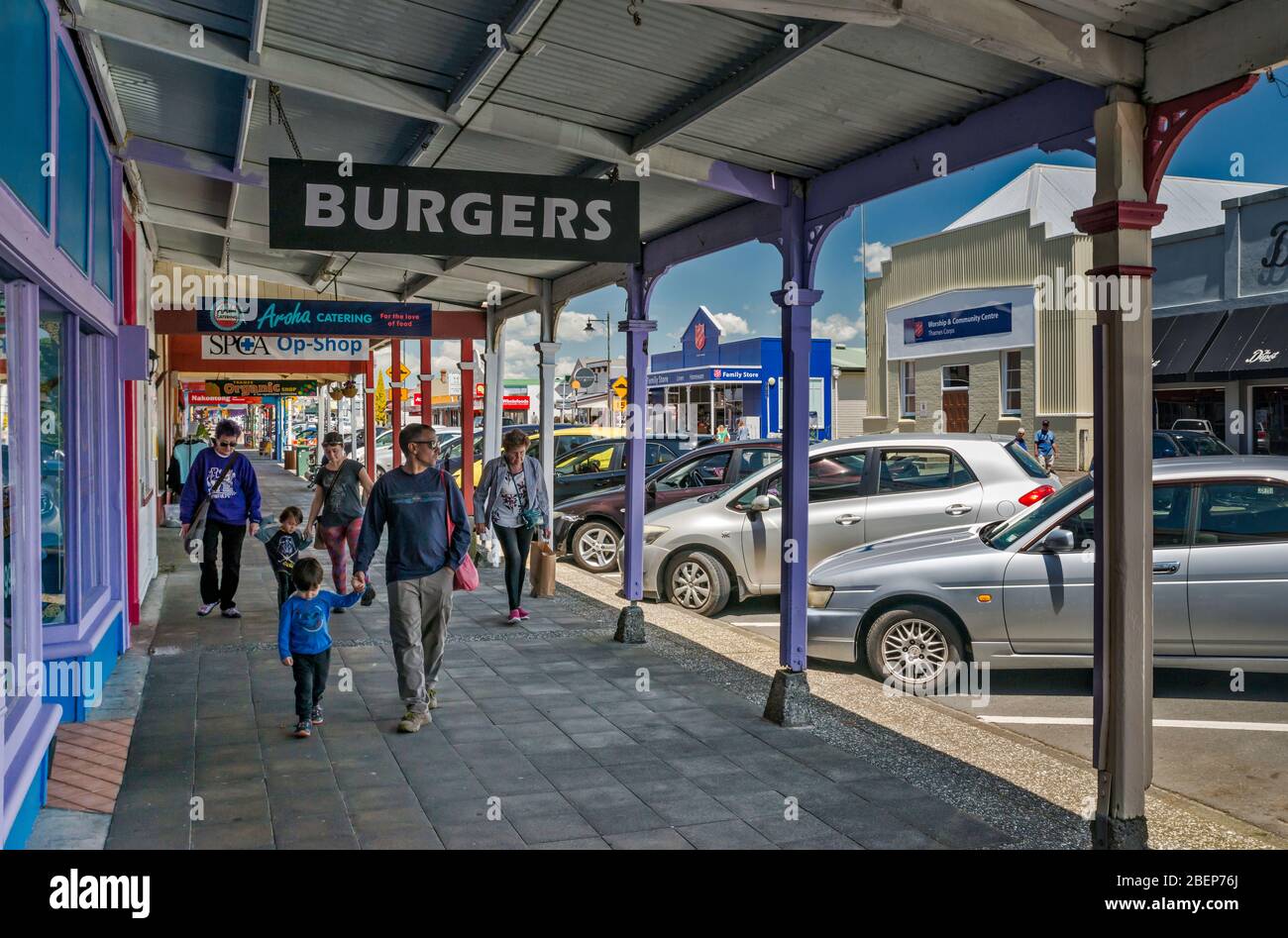Shopping arcade, Pollen Street in Thames, Waikato Region, North Island, New Zealand Stock Photo