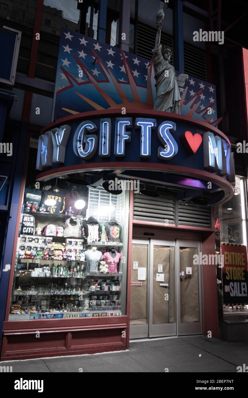 NYC gift shop in Times Square is closed up and off limits during the COVID-19 quarantine shut down. Stock Photo