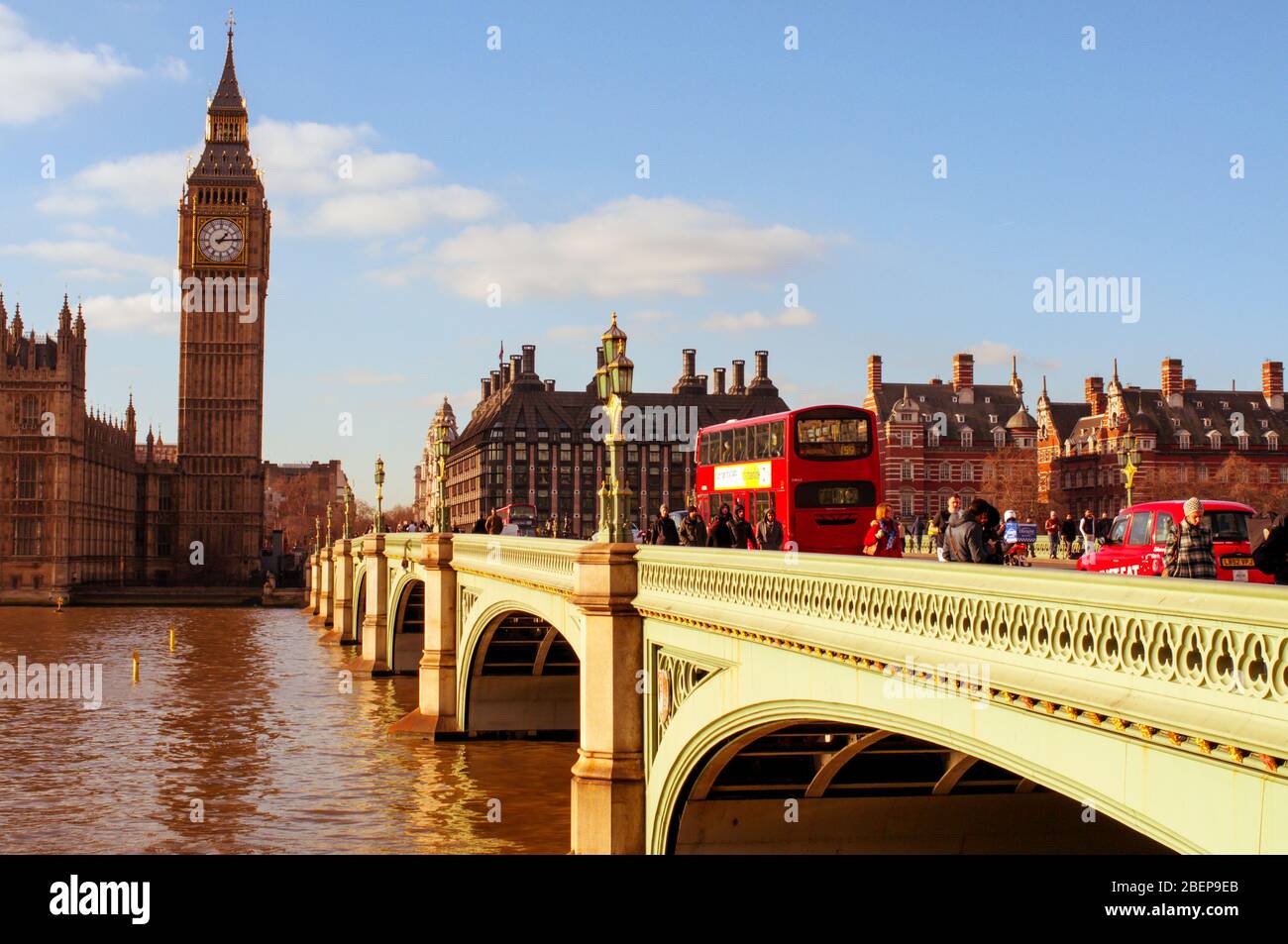 LONDON, UK - JANUARY 19: A view of the Big Ben from Westminster Bridge on January 19, 2015 in London, United Kingdom. Thousands of people cross this b Stock Photo