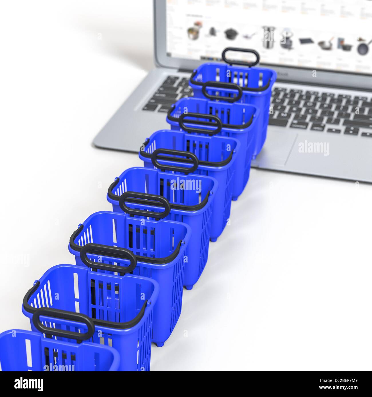 waiting line, basket food shopping trolley cart on a laptop keyboard. Online shopping concept. 3d render. nobody around. Stock Photo