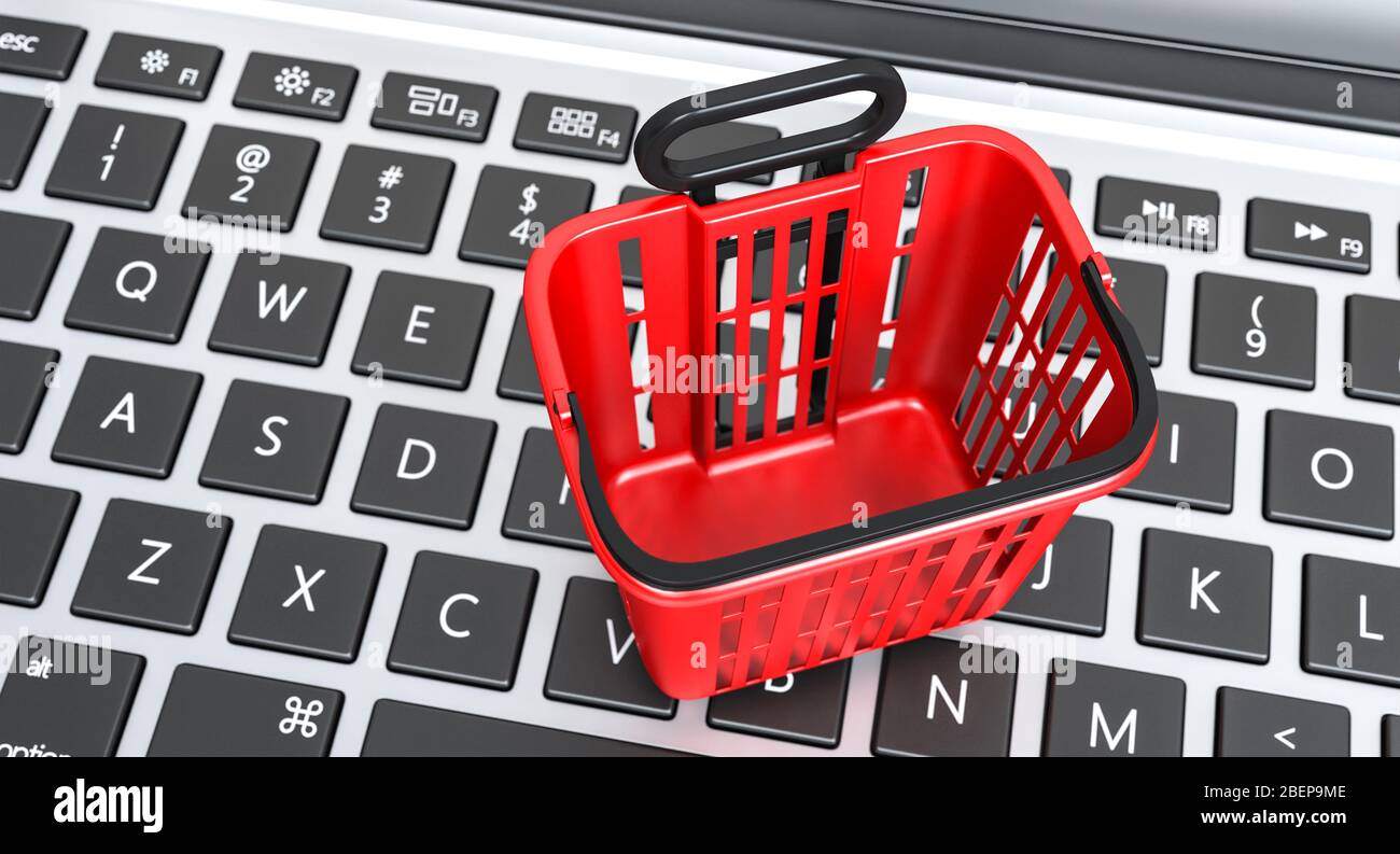 red basket food shopping trolley cart on a laptop keyboard. Online shopping concept. 3d render. nobody around. Stock Photo