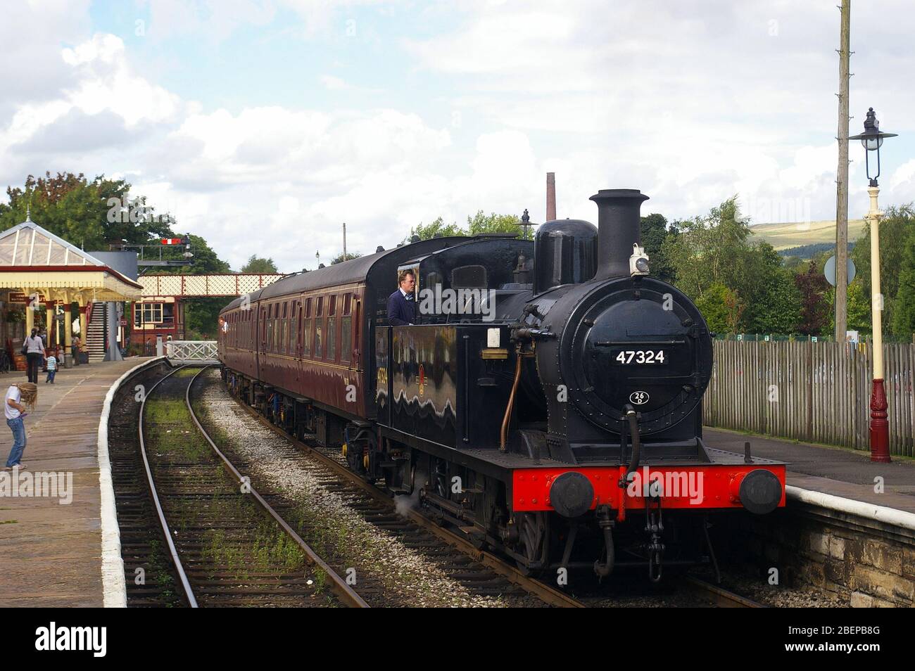 Ramsbottom, Lancashire, UK / August 24 2008: Vintage locomotive at the platform of an historic British railway station Stock Photo