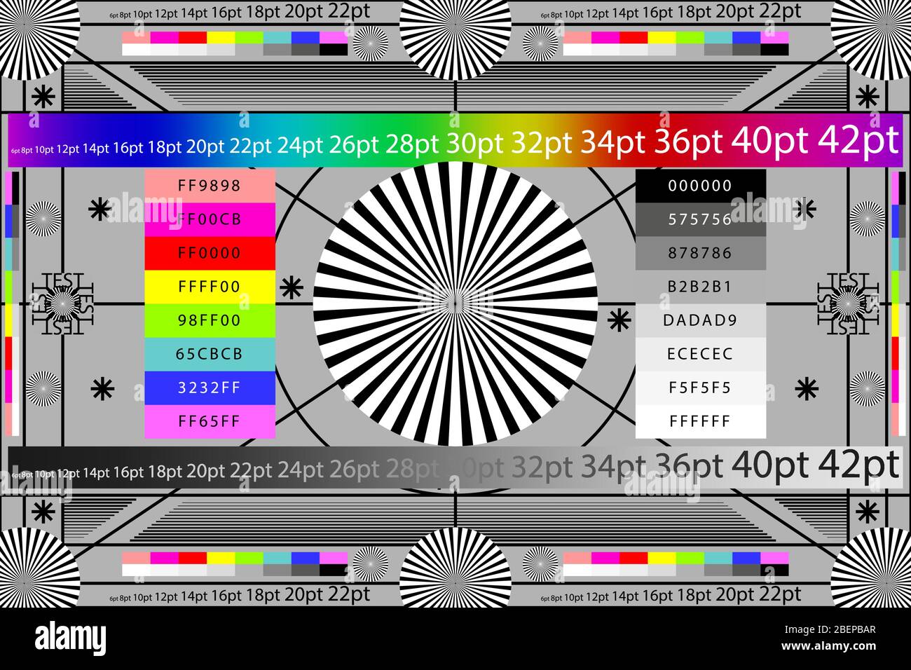 Adjusting camera lens test target colour chart. Tv screen background