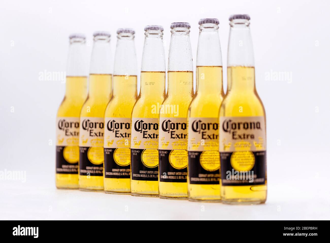 Cologne, Deutschland. 14th Apr, 2020. Bottles of the Corona Extra beer brand, the production of which the Mexican brewery temporarily ceased during the corona crisis | usage worldwide Credit: dpa/Alamy Live News Stock Photo