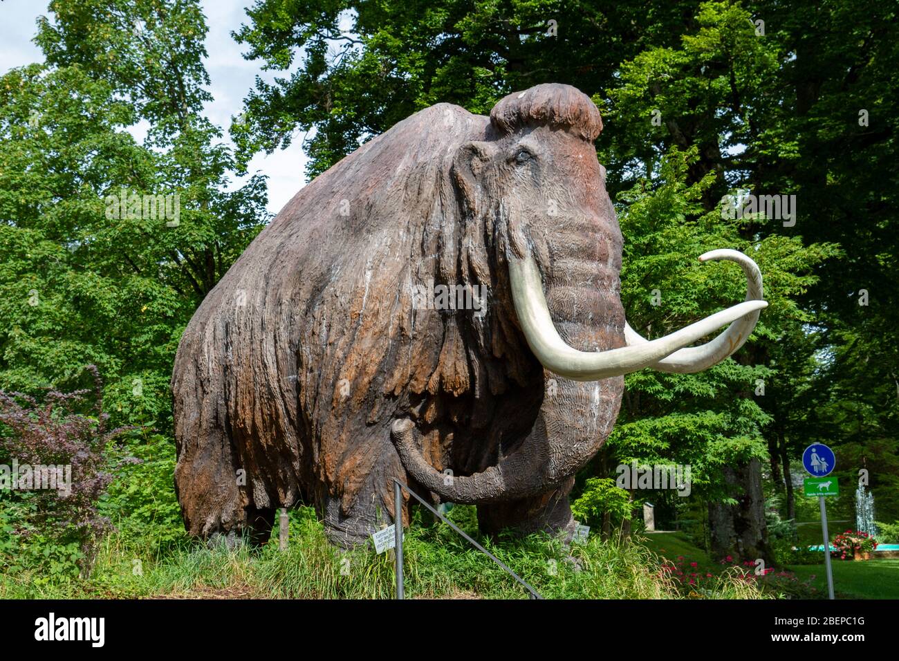 A full sized model of a mammoth outside Siegsdorf Natural History and Mammoth Museum in Siegsdorf, Bavaria, Germany. Stock Photo