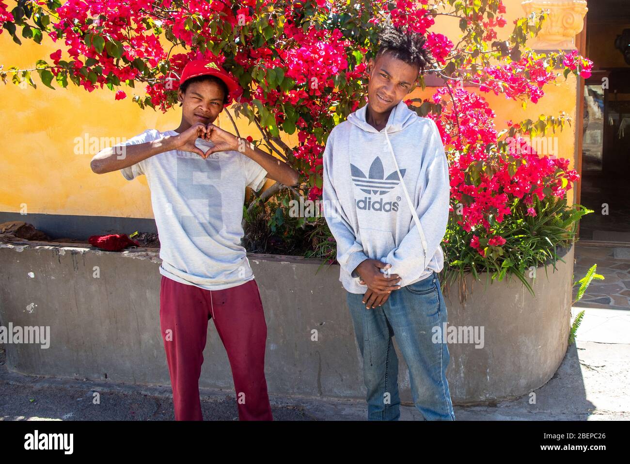 Two teenage street boys pose in front of red Bougainvillea on the side of the road. Their plain colours contrast with the strong colours behind. One of them makes a gang sign. They are probably brothers. Stock Photo