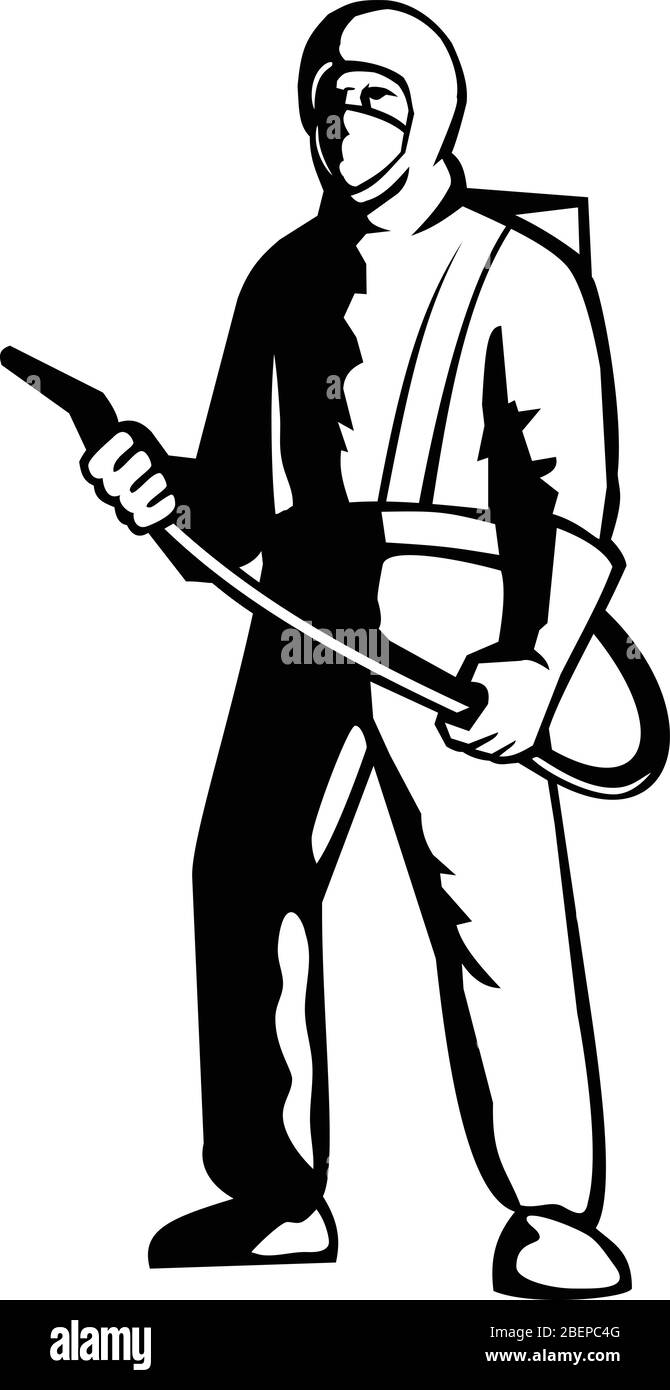 Illustration of an industrial worker, healthcare, essential or pest exterminator wearing a respiratory protective equipment, fumigating spraying disin Stock Vector