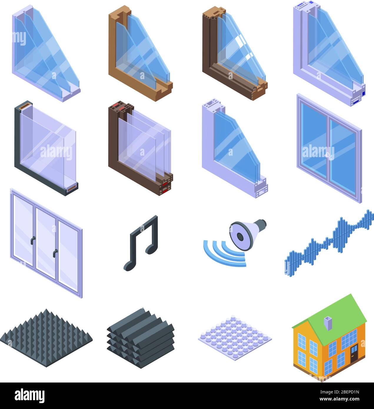 Soundproofing icons set, isometric style Stock Vector