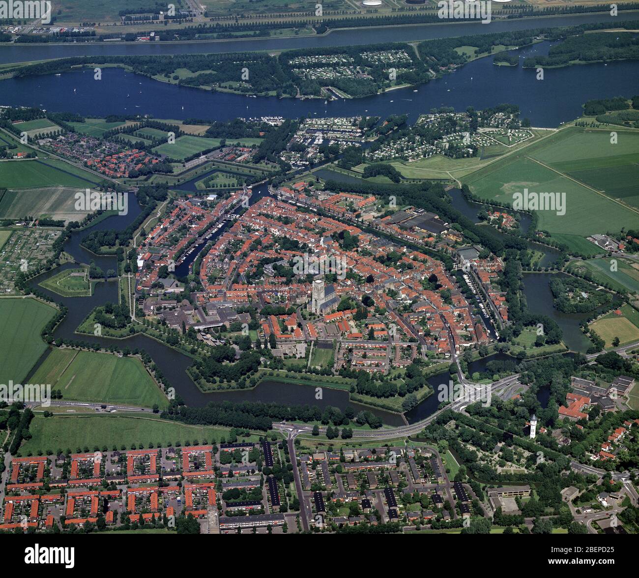 Den Briel, Holland, June 20 - 1989: Historical aerial photo of the city Brielle, a very old fortified town on the island Voorne Putten Stock Photo