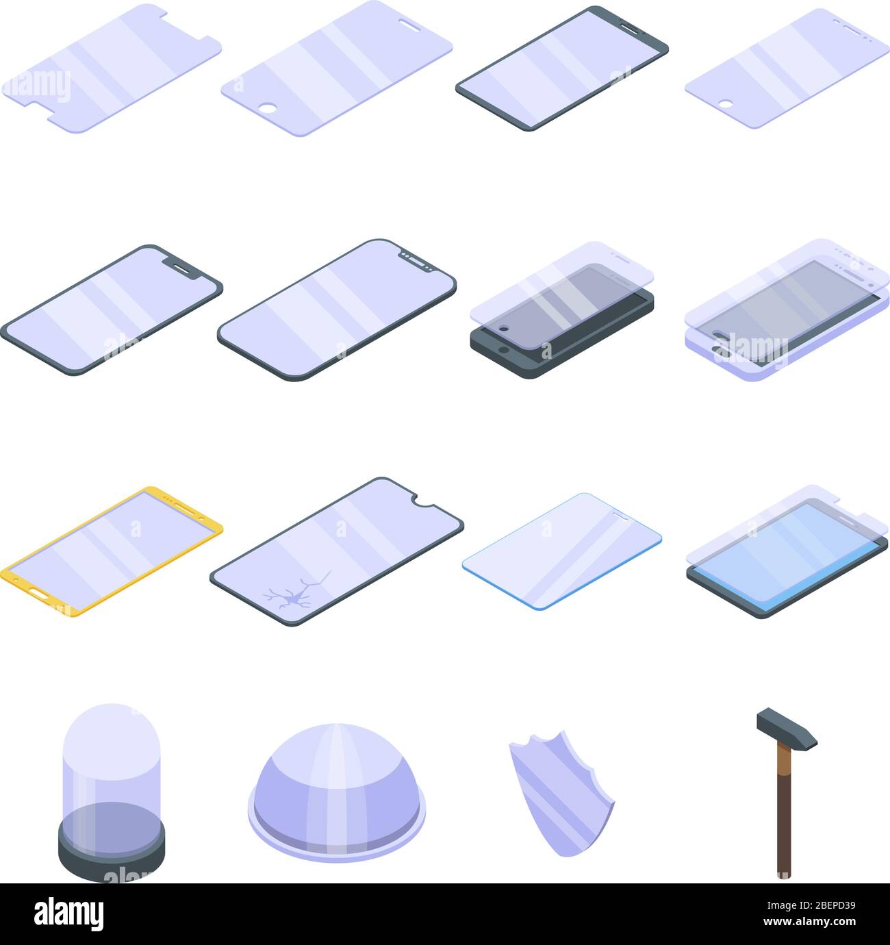 Protective glass icons set, isometric style Stock Vector