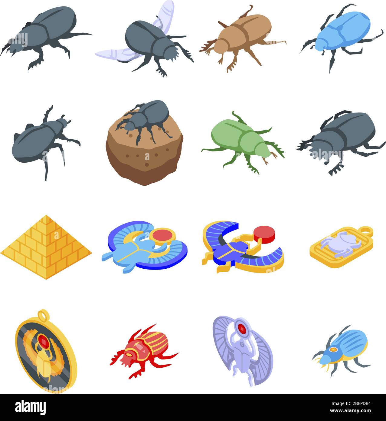 Scarab beetle icons set, isometric style Stock Vector